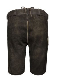 Pantalones cortos de cuero marrón con una textura suave, que cuentan con un lazo en la cintura, una costura frontal y un bolsillo lateral. Los acentos incluyen una costura en contraste.