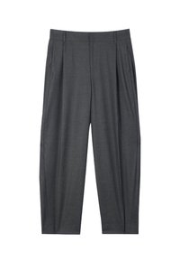 Grå byxor med veck, gjorda av ett texturerat tyg. Har en rak skärning och sidofickor. Ren, skräddarsydd design utan prydnader.