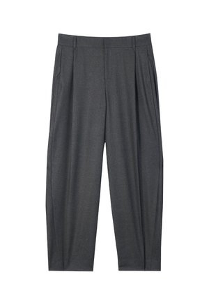 Graue Hose mit Bügelfalten aus strukturiertem Stoff. Verfügt über einen geraden Schnitt und Seitentaschen. Sauberes, maßgeschneidertes Design ohne Verzierungen.