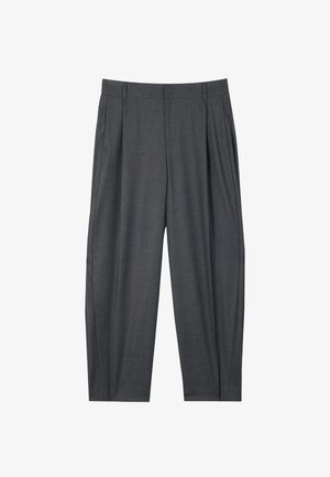 Graue Hose mit Bügelfalten aus strukturiertem Stoff. Verfügt über einen geraden Schnitt und Seitentaschen. Sauberes, maßgeschneidertes Design ohne Verzierungen.