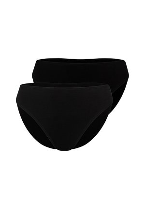 Two plain black women's cotton brief-style underwear on a white background.