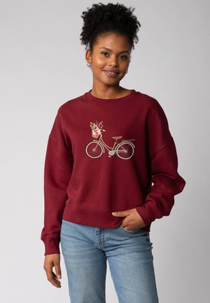 Bordeaux sweatshirt met lange mouwen en ribbels aan de manchetten, met een grafiek van een fiets met een bloemenmand in pastelkleuren.
