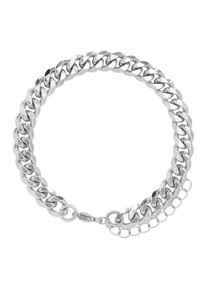 Collana in argento con link intrecciati, texture liscia e chiusura a moschettone con catena di estensione per la regolazione.