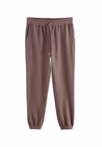 Braune, gerippte Sweatpants mit einem elastischen Bund, verstellbarem Kordelzug und Seitentaschen. Bündchen an den Knöcheln. Weiche Textur.