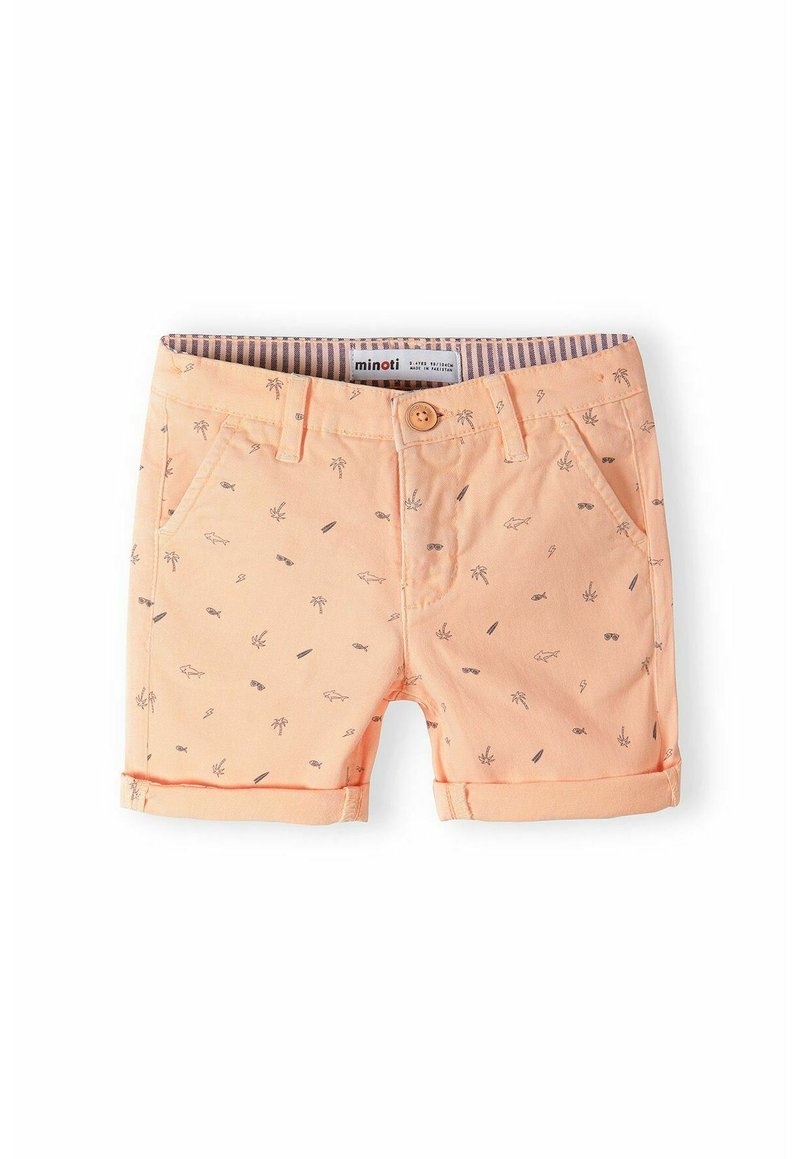 Pantaloni corti color pesca con orlo arrotolato, pattern di palme, tavole da surf e pesci. Realizzati in tessuto morbido e leggero con una vita a righe.