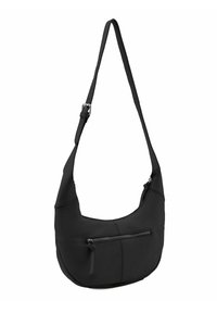 Borsa a tracolla in pelle nera con forma curva, tracolla regolabile e tasca frontale con zip. Texture liscia e design minimalista.