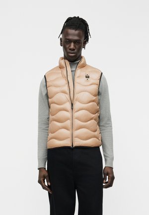 Noor mees palmikutega juustega, kellel on seljas beež tikitud vest halli pika varrukaga särgi ja mustade pükstega, seisab ühevärvilise tausta ees.