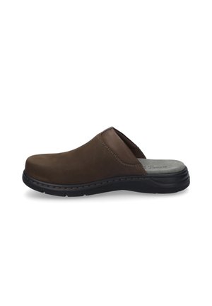 Brown leather slip-on clogs with a rounded toe, cushioned insole, and black rubber outsole. Features stitching accents along the seams.