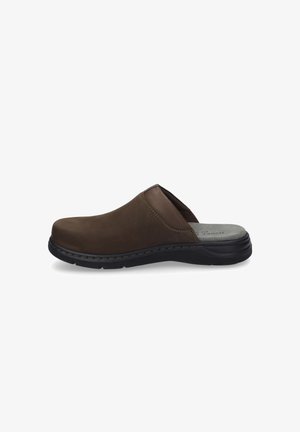 Brown leather slip-on clogs with a rounded toe, cushioned insole, and black rubber outsole. Features stitching accents along the seams.