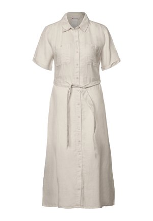 Robe à manches courtes et boutonnée en lin beige clair, dotée de deux poches poitrine et d'une taille ceinturée. Silhouette droite avec une longueur au genou.