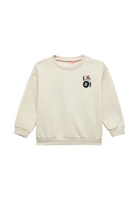 Sudadera de color beige claro con mangas largas, puños y dobladillo acanalados. Presenta gráficos bordados en azul y amarillo en la parte delantera.