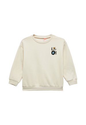 Jasno beżowy sweter z długimi rękawami, z prążkowanymi mankietami i dołem. Z przodu znajdują się haftowane grafiki w kolorze niebieskim i żółtym.