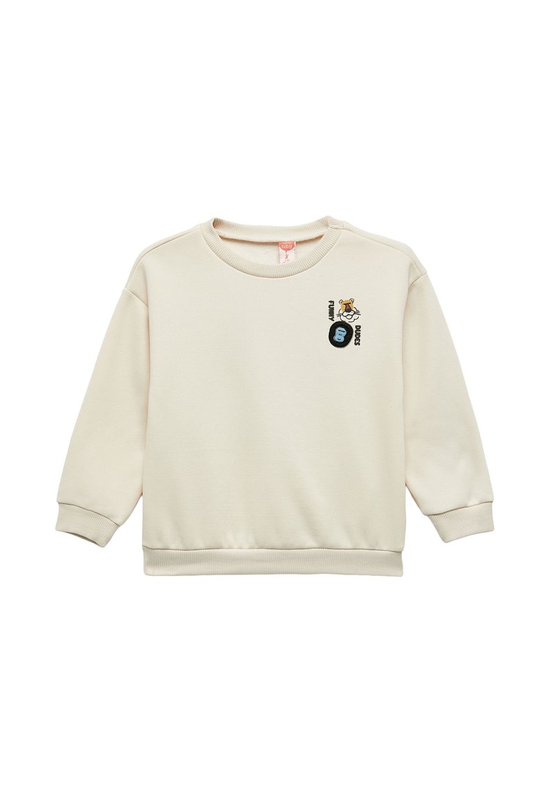 Sudadera de color beige claro con mangas largas, puños y dobladillo acanalados. Presenta gráficos bordados en azul y amarillo en la parte delantera.