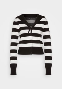 Svart och vitrandig cardigan i stickad tyg, med djup V-ringning, långa ärmar, ribbade ärmslut och en framknäppning med knyt.