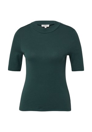 Dunkelgrünes, kurzärmliges, eng anliegendes T-Shirt mit Rundhalsausschnitt und sichtbarem Markenetikett am hinteren Kragen.