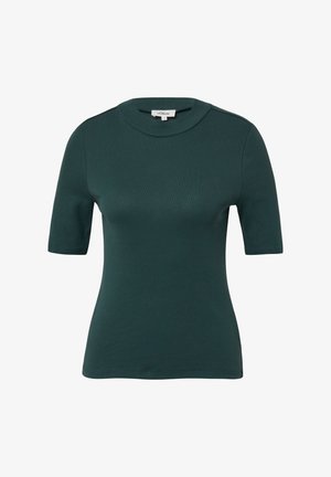 Donkergroen aansluitend T-shirt met korte mouwen en ronde hals, met zichtbaar merkembleem bij de achterkant van de kraag.