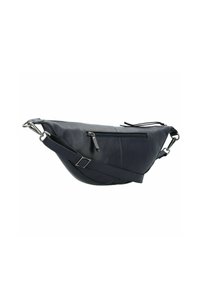 Borsa a tracolla in pelle blu navy con cinturino regolabile e tasca anteriore con zip, esposta su sfondo bianco.