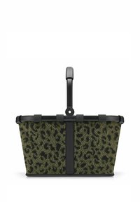 Cesta de estampado de leopardo verde con marco y asa de plástico negro; cuenta con una superficie texturizada y cierres a presión seguros en los laterales.