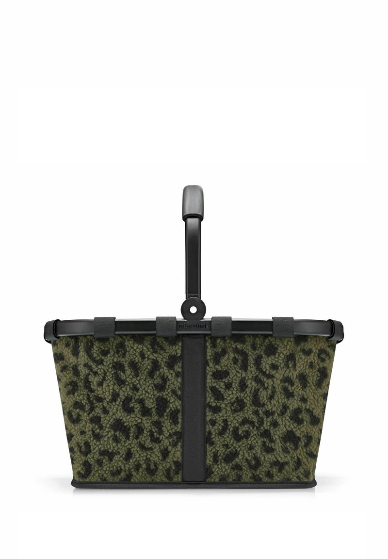 Cesta de estampado de leopardo verde con marco y asa de plástico negro; cuenta con una superficie texturizada y cierres a presión seguros en los laterales.