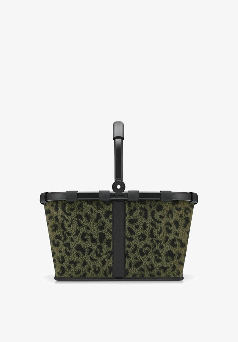 Cesta de estampado de leopardo verde con marco y asa de plástico negro; cuenta con una superficie texturizada y cierres a presión seguros en los laterales.