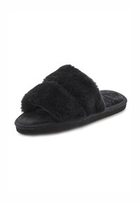 Black fuzzy slippers with double strap design, soft texture, and flat sole. Constructed from plush material for comfort and warmth.