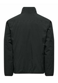 Black jacket with a high collar, featuring a smooth, matte texture. The design is simple and unadorned, with elastic cuffs and a straight cut.