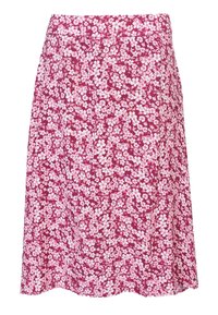 Blumiger Rock in Rosa- und Weißtönen, mit einem ausgestellten Design und einer glatten Textur. Der Saum ist am unteren Rand leicht gewellt.