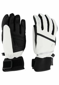 Schwarz-weiße Winterhandschuhe mit einer strukturierten Außenseite, verstärkten Fingern, verstellbaren Handgelenksriemen und einem eleganten Design.
