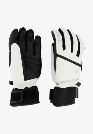 Black and white winter gloves with a textured exterior, reinforced fingers, adjustable wrist straps, and a sleek design.