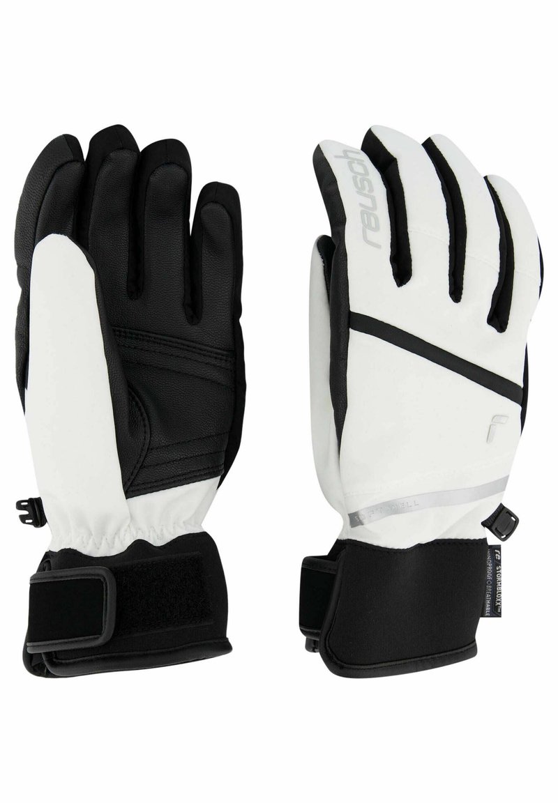Schwarz-weiße Winterhandschuhe mit einer strukturierten Außenseite, verstärkten Fingern, verstellbaren Handgelenksriemen und einem eleganten Design.