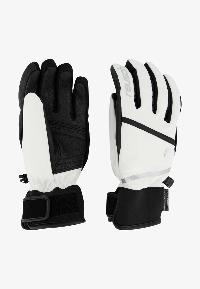 Black and white winter gloves with a textured exterior, reinforced fingers, adjustable wrist straps, and a sleek design.