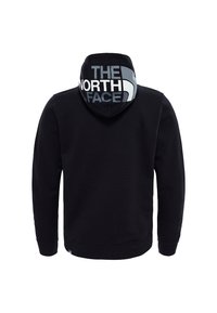 Schwarzer Kapuzenpullover mit einem großen grauen und weißen Logo auf dem Rücken. Verfügt über eine Kordelzugkapuze sowie gerippte Bündchen und Saum für eine enge Passform.