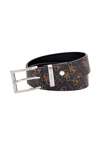 Cintura in pelle nera con un design a fantasia marrone, dotata di una fibbia e dettagli in metallo argentato. Texture liscia e punte affusolate.