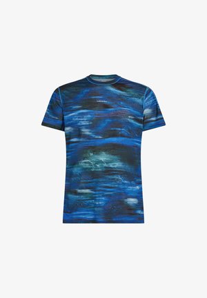 Short-sleeve T-shirt in blue tones with abstract wave patterns. Features a round neckline and “icebreaker” logo at the chest.
