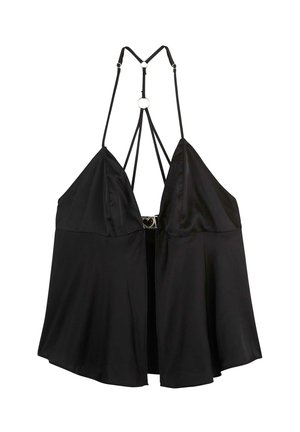 Camisole en satin noir avec bretelles réglables, décolleté en V et devant ouvert. Dotée d'un fermoir décoratif en forme de cœur au centre.