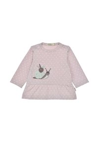 Rosa Langarmkleid mit weißen Punkten und einer Schneckenbestickung. Baumwollstoff mit rundem Ausschnitt und Druckknopfdetails.