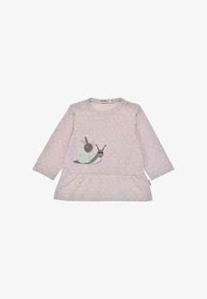 Rosa Langarmkleid mit weißen Punkten und einer Schneckenbestickung. Baumwollstoff mit rundem Ausschnitt und Druckknopfdetails.