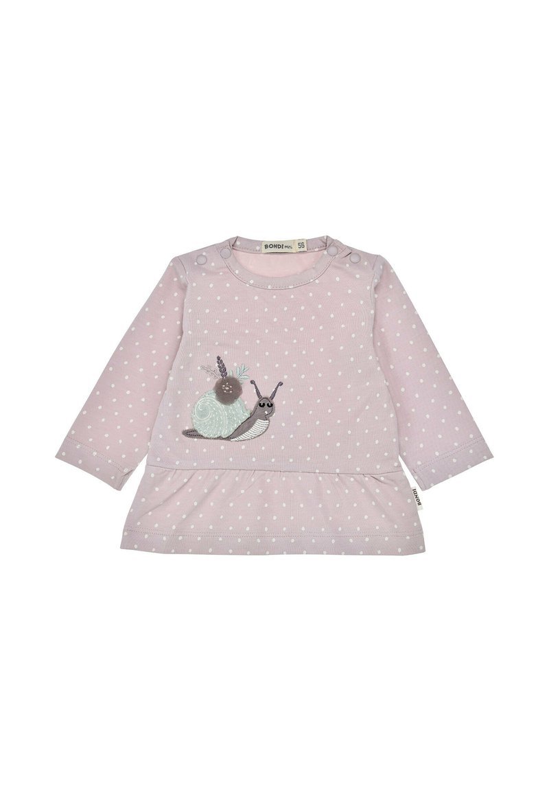 Rosa Langarmkleid mit weißen Punkten und einer Schneckenbestickung. Baumwollstoff mit rundem Ausschnitt und Druckknopfdetails.