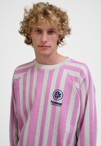 Randig sweatshirt i rosa och grått med rund halsringning och raglanärmar; har en liten blå logotyp på bröstet. Tillverkad i bomull, avslappnad passform.