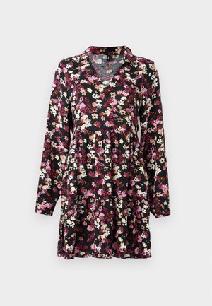 Floral dress made of lightweight fabric featuring a black background with pink, white, and yellow flowers, long sleeves, and a v-neck design.