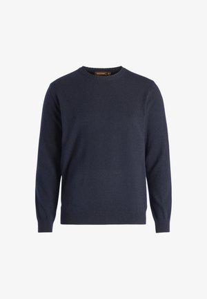 Marineblauwe crewneck trui van zacht materiaal, met lange mouwen en geribbelde boorden en zoom voor een snug fit. Geen zichtbare patronen.