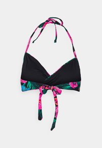Top de biquíni preto com copas triangulares, estampado floral em rosa, azul e verde, com laços no pescoço e um detalhe de nó na parte frontal da faixa.