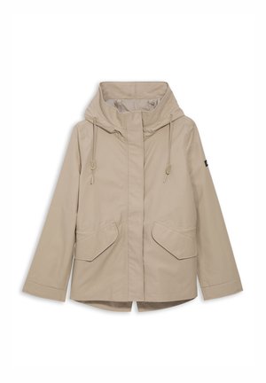 Beige lichtgewicht jas met een capuchon, trekkoordhals, twee grote voorzakken en een rechte zoom. Gladde stof met een matte afwerking.
