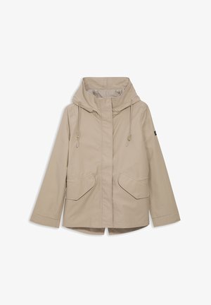 Veste légère beige avec capuche, col à cordon, deux grandes poches avant et ourlet droit. Tissu lisse avec une finition mate.