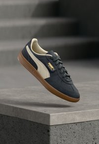 Dark blue and beige Puma Palermo sneaker with brown sole floating above a concrete surface and blurred stairs in the background.