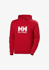 Sudadera de algodón roja con bolsillo canguro en el frente, capucha con cordones y un gran logotipo blanco "HH" con "HELLY HANSEN" debajo.