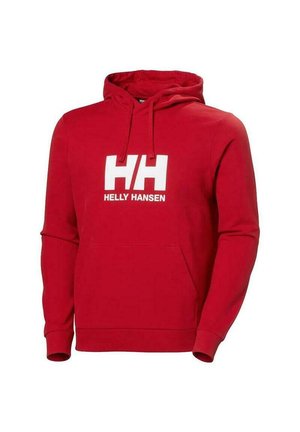 Sudadera de algodón roja con bolsillo canguro en el frente, capucha con cordones y un gran logotipo blanco "HH" con "HELLY HANSEN" debajo.