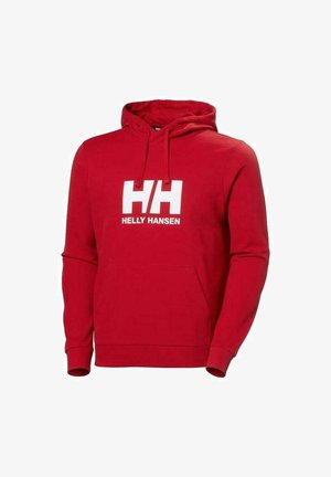 Roter Baumwollhoodie mit einer vorderen Kängurutasche, Kapuze mit Zugband und einem großen weißen "HH"-Logo mit "HELLY HANSEN" darunter.