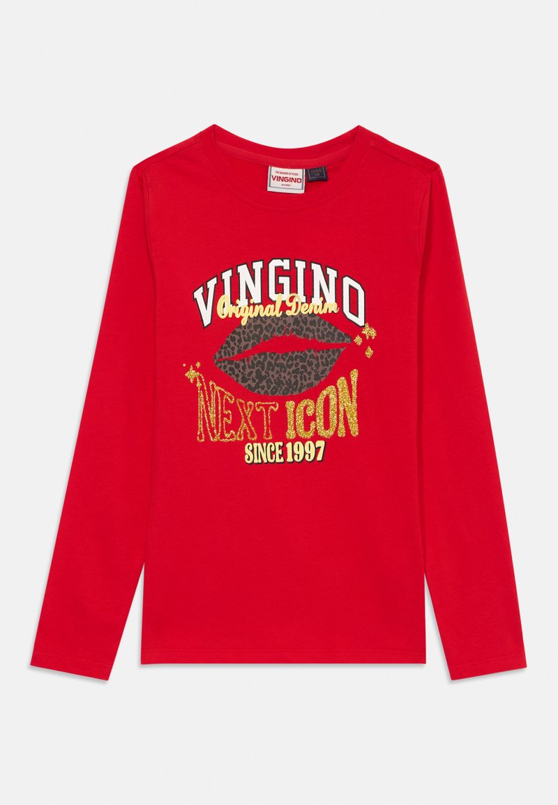 Červené tričko s dlhým rukávom vyrobené z bavlny, s grafickým potlačou s leopardími perami a textom "VINGINO Original Denim NEXT ICON SINCE 1997."