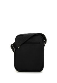 Borsa a tracolla nera realizzata in tessuto resistente, con tasca frontale con zip, tracolla regolabile e forma rettangolare.